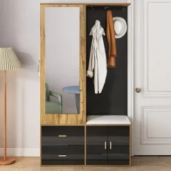 Vestiaire d'entrée Moderne avec Miroir, Banc à Chaussures, Penderie et Rangements Intégrés, Noir et Naturel, 100x38x180 cm