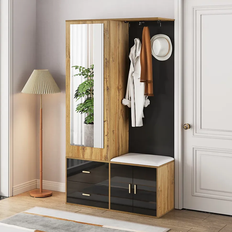 Vestiaire d'entrée Moderne avec Miroir, Banc à Chaussures, Penderie et Rangements Intégrés, Noir et Naturel, 100x38x180 cm