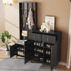 Vestiaire d'entrée Moderne - Meuble 3 en 1 avec Banc, Crochets et Rangement à Chaussures, Bois Noir Compact