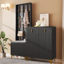 Vestiaire d'entrée Moderne - Meuble 3 en 1 avec Banc, Crochets et Rangement à Chaussures, Bois Noir Compact