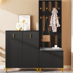 Vestiaire d'entrée Moderne - Meuble 3 en 1 avec Banc, Crochets et Rangement à Chaussures, Bois Noir Compact