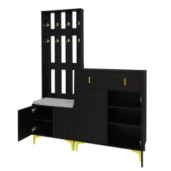 Vestiaire d'entrée Moderne - Meuble 3 en 1 avec Banc, Crochets et Rangement à Chaussures, Bois Noir Compact