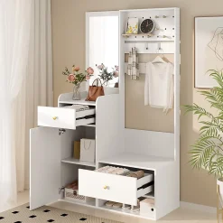 Vestiaire d'entrée Moderne avec Miroir et Crochets Réglables - Meuble d'entrée avec 2 Tiroirs - 105x38x180 cm - Blanc