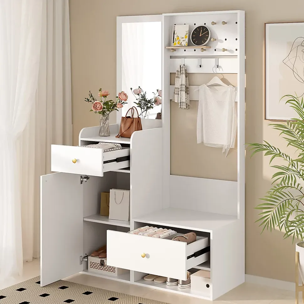 Vestiaire d'entrée Moderne avec Miroir et Crochets Réglables - Meuble d'entrée avec 2 Tiroirs - 105x38x180 cm - Blanc