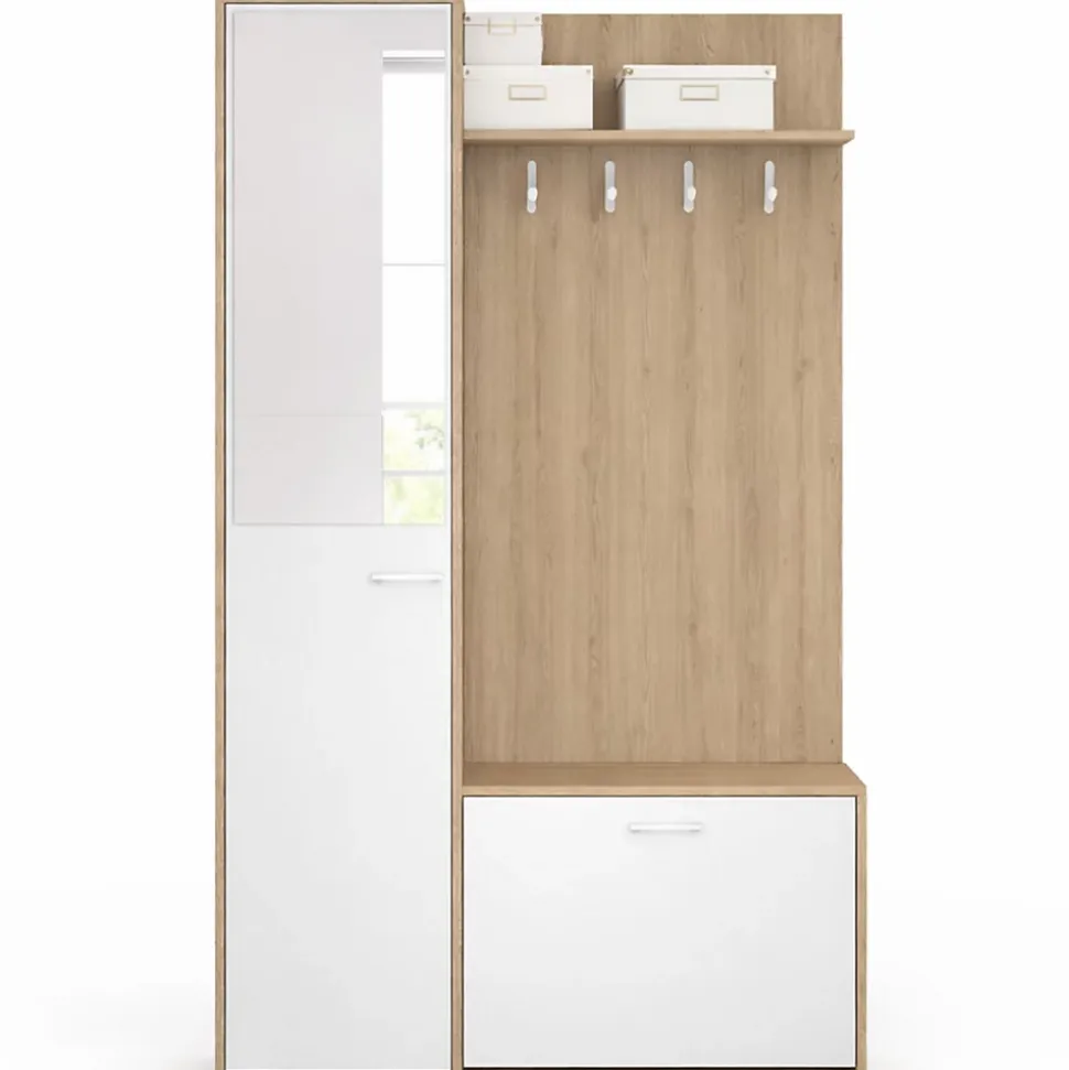 Vestiaire d'entrée rangement chaussures avec miroir et étagères MAHAUT 1 porte effet bois et blanc