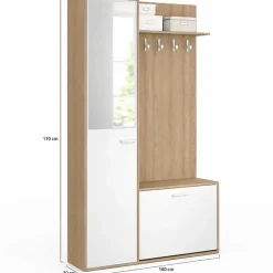 Vestiaire d'entrée rangement chaussures avec miroir et étagères MAHAUT 1 porte effet bois et blanc