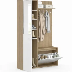 Vestiaire d'entrée rangement chaussures avec miroir et étagères MAHAUT 1 porte effet bois et blanc