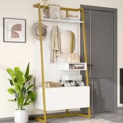Vestiaire d'entrée Tout-en-Un, 2 Portes, Espace Chaussures, Meuble d'entrée, Panneau de Particules/Métal, Blanc, 78x38,5x180,5 cm