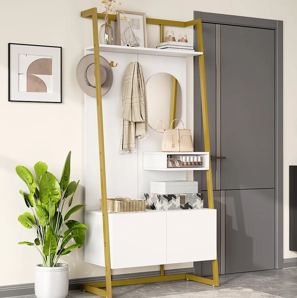 Vestiaire d'entrée Tout-en-Un, 2 Portes, Espace Chaussures, Meuble d'entrée, Panneau de Particules/Métal, Blanc, 78x38,5x180,5 cm