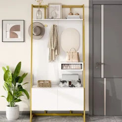 Vestiaire d'entrée Tout-en-Un, 2 Portes, Espace Chaussures, Meuble d'entrée, Panneau de Particules/Métal, Blanc, 78x38,5x180,5 cm