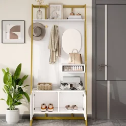 Vestiaire d'entrée Tout-en-Un, 2 Portes, Espace Chaussures, Meuble d'entrée, Panneau de Particules/Métal, Blanc, 78x38,5x180,5 cm