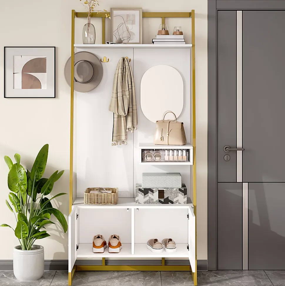 Vestiaire d'entrée Tout-en-Un, 2 Portes, Espace Chaussures, Meuble d'entrée, Panneau de Particules/Métal, Blanc, 78x38,5x180,5 cm
