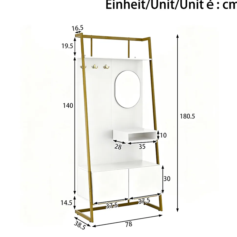 Vestiaire d'entrée Tout-en-Un, 2 Portes, Espace Chaussures, Meuble d'entrée, Panneau de Particules/Métal, Blanc, 78x38,5x180,5 cm