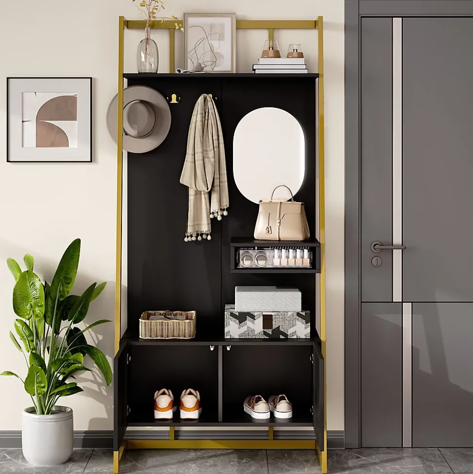Vestiaire d'entrée Tout-en-Un, 2 Portes et Espace Chaussures, Meuble d'entrée, Panneau de Particules/Métal, Noir, 78x38,5x180,5 cm
