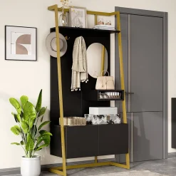 Vestiaire d'entrée Tout-en-Un, 2 Portes et Espace Chaussures, Meuble d'entrée, Panneau de Particules/Métal, Noir, 78x38,5x180,5 cm