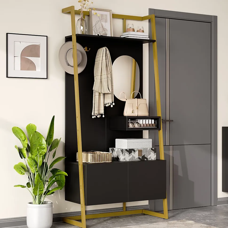 Vestiaire d'entrée Tout-en-Un, 2 Portes et Espace Chaussures, Meuble d'entrée, Panneau de Particules/Métal, Noir, 78x38,5x180,5 cm