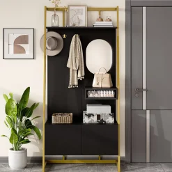 Vestiaire d'entrée Tout-en-Un, 2 Portes et Espace Chaussures, Meuble d'entrée, Panneau de Particules/Métal, Noir, 78x38,5x180,5 cm