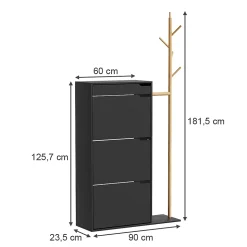 Vicco Armoire à chaussures Noir 90x181.5cm avec 3 compartiments, 1 tiroir