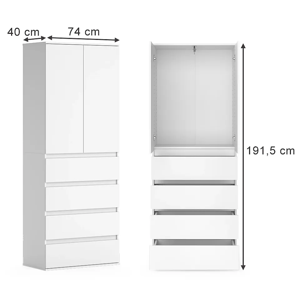 Vicco Armoire à vêtements Blanc 74x191.5cm avec 4 tiroirs