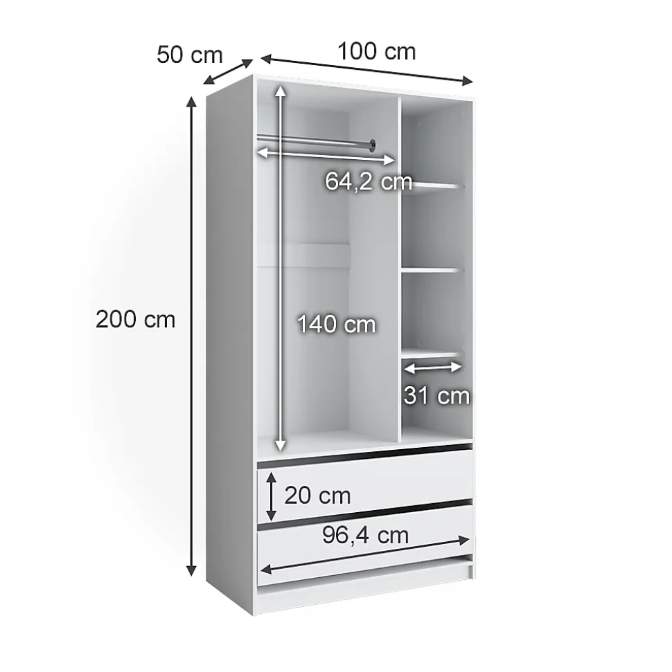 Vicco Armoire Blanc 100x200cm avec 2 tiroirs