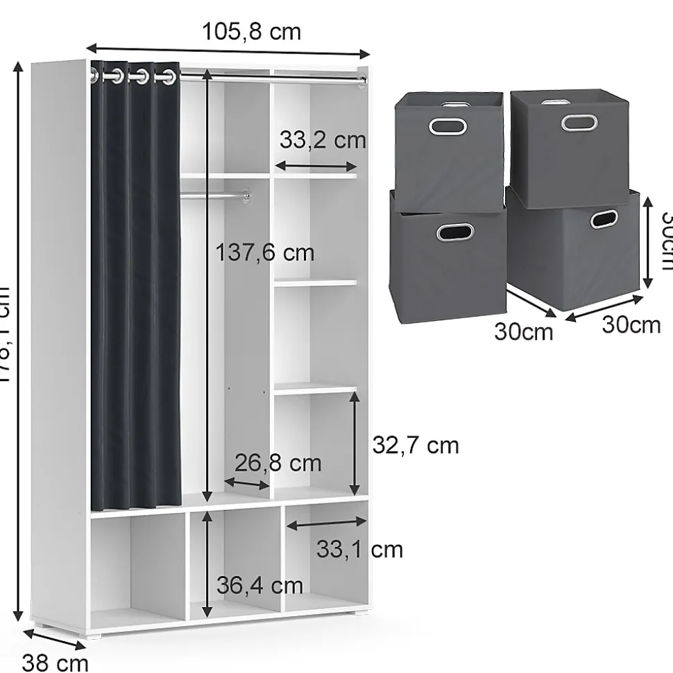 Vicco Armoire Blanc 38x178.1cm avec boîtes pliantes (grises)