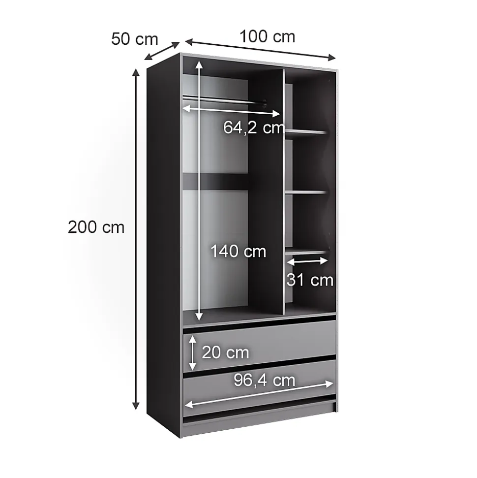 Vicco Armoire pour enfants Anthracite 100x200cm avec 2 tiroirs