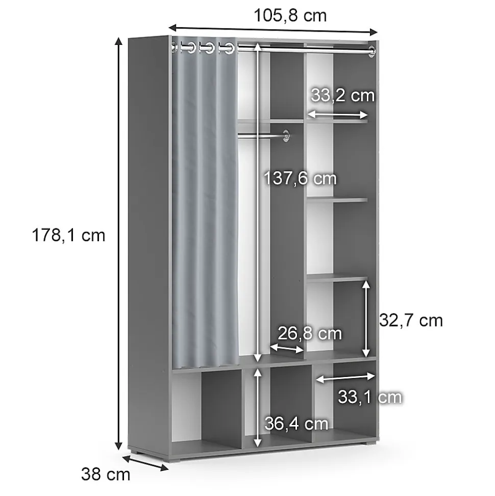 Vicco Armoire pour enfants Gris 38x178.1cm avec tringle à rideaux