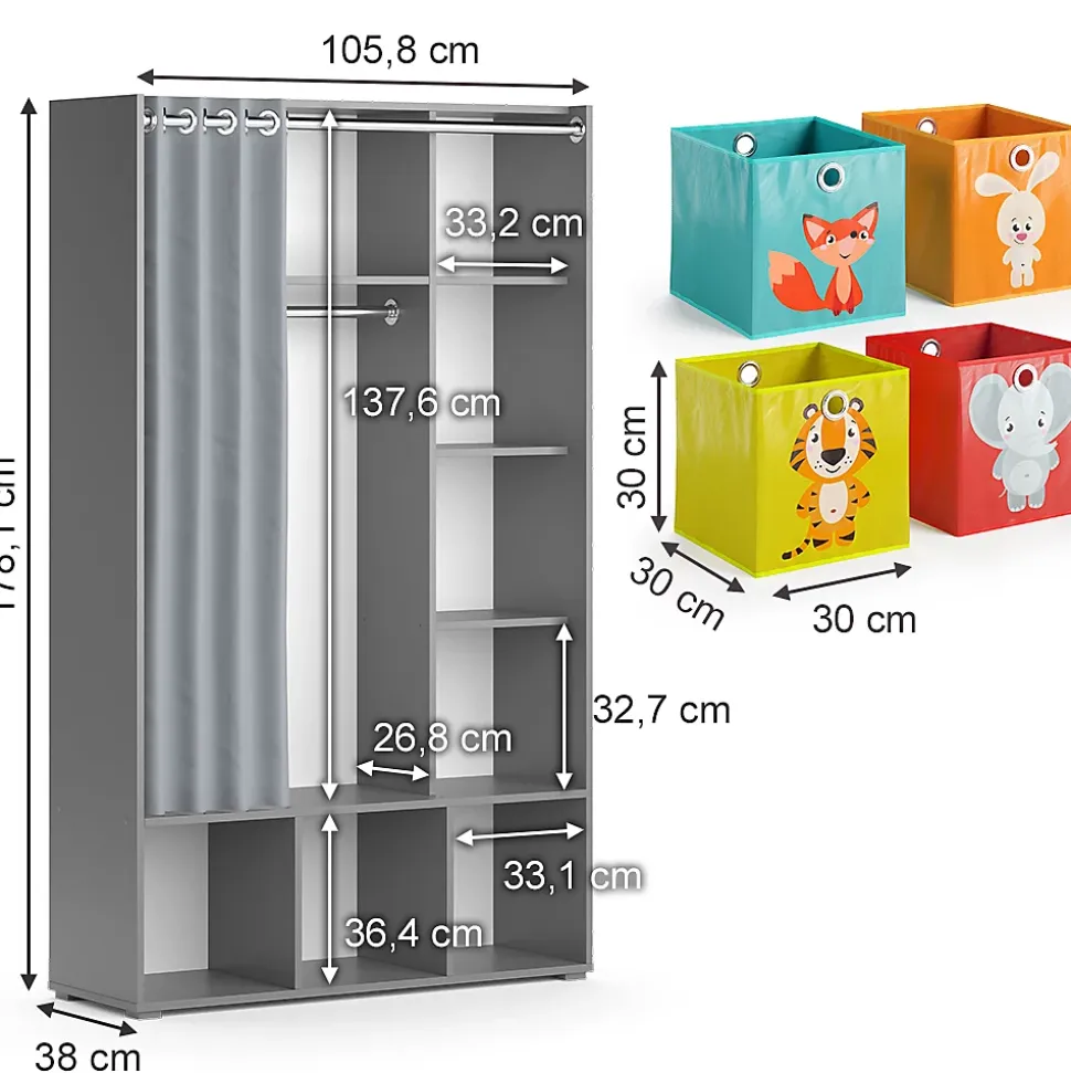 Vicco Armoire pour enfants Gris 38x178.1cm Avec boîtes pliantes (multicolores)