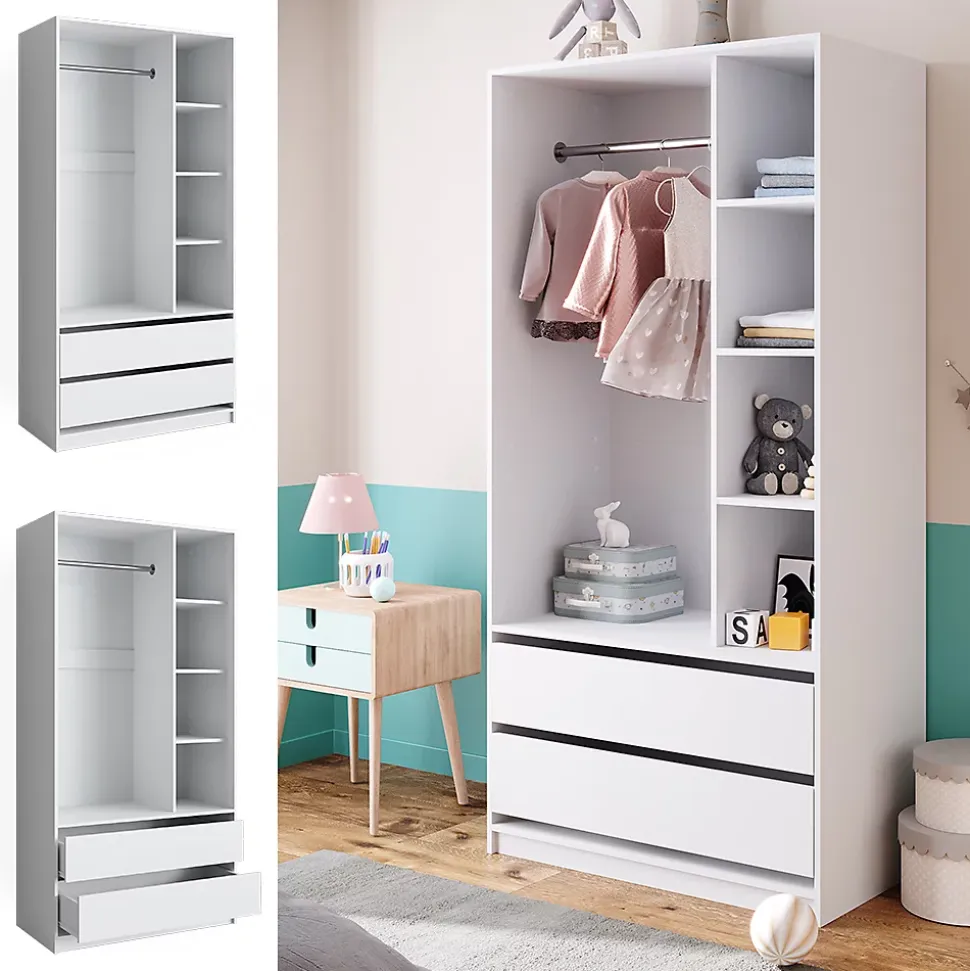 Vicco Armoire pour enfants Blanc 100x200cm avec 2 tiroirs