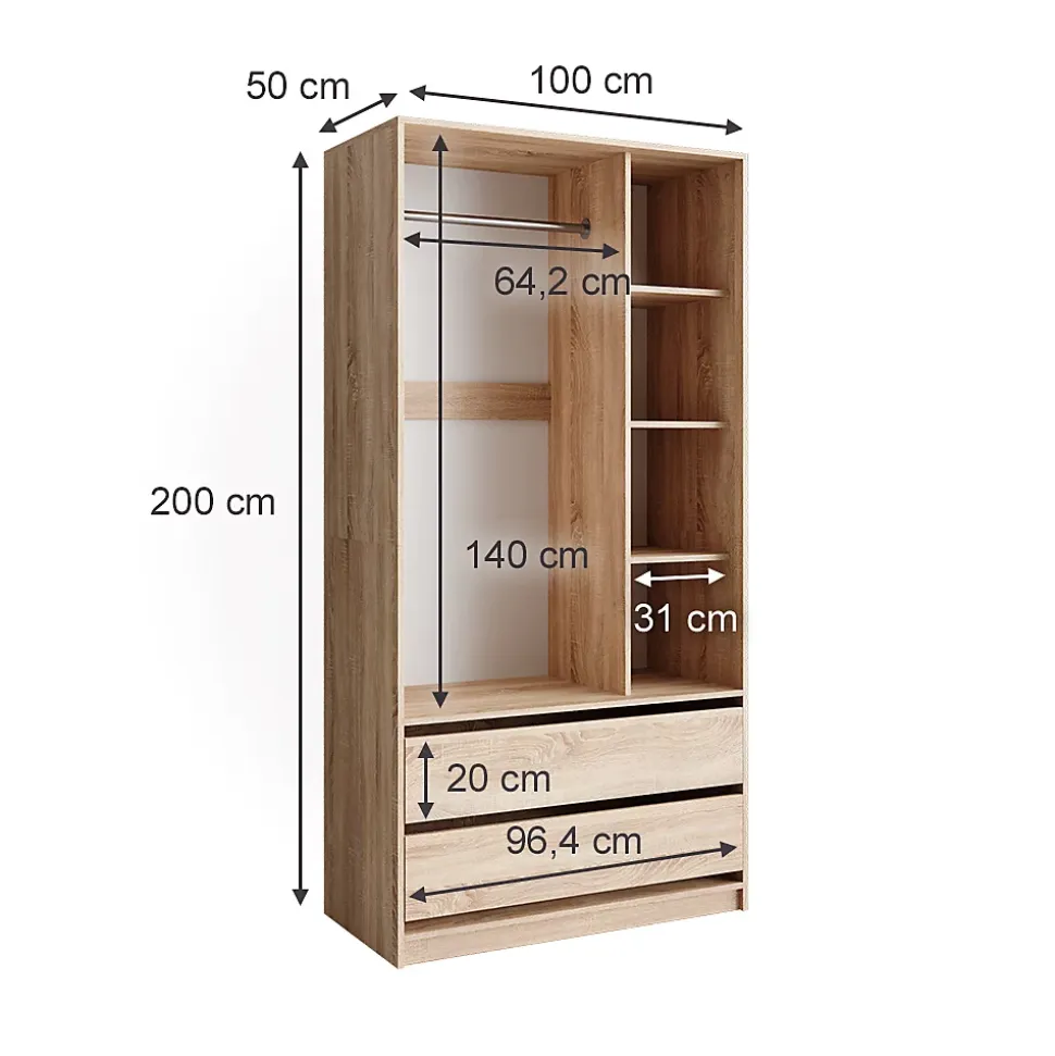 Vicco Armoire pour enfants Sonoma 100x200cm avec 2 tiroirs