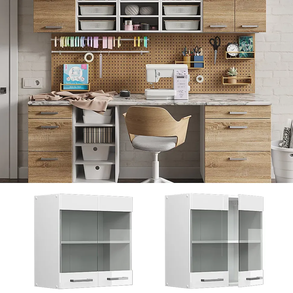 Vicco Armoire suspendue universelle Blanc Haute brillance 60cm avec portes vitrées