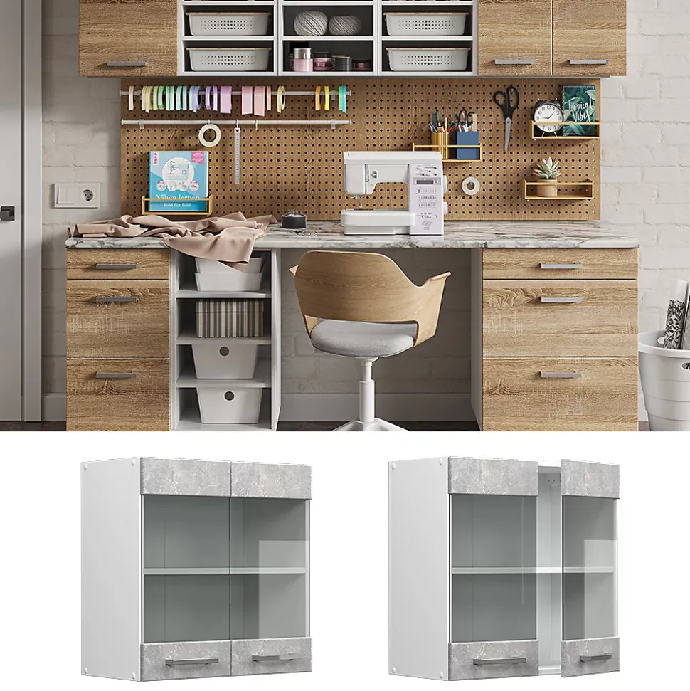 Vicco Armoire suspendue universelle Béton 60cm avec portes vitrées