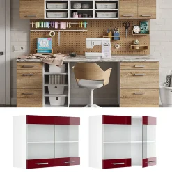 Vicco Armoire suspendue universelle Rouge bordeaux Haute brillance 80cm avec portes vitrées