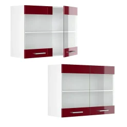 Vicco Armoire suspendue universelle Rouge bordeaux Haute brillance 80cm avec portes vitrées