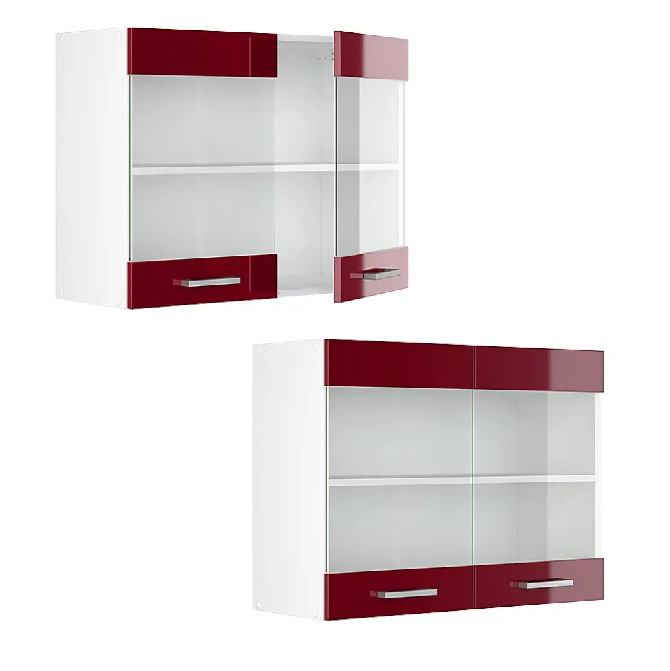 Vicco Armoire suspendue universelle Rouge bordeaux Haute brillance 80cm avec portes vitrées
