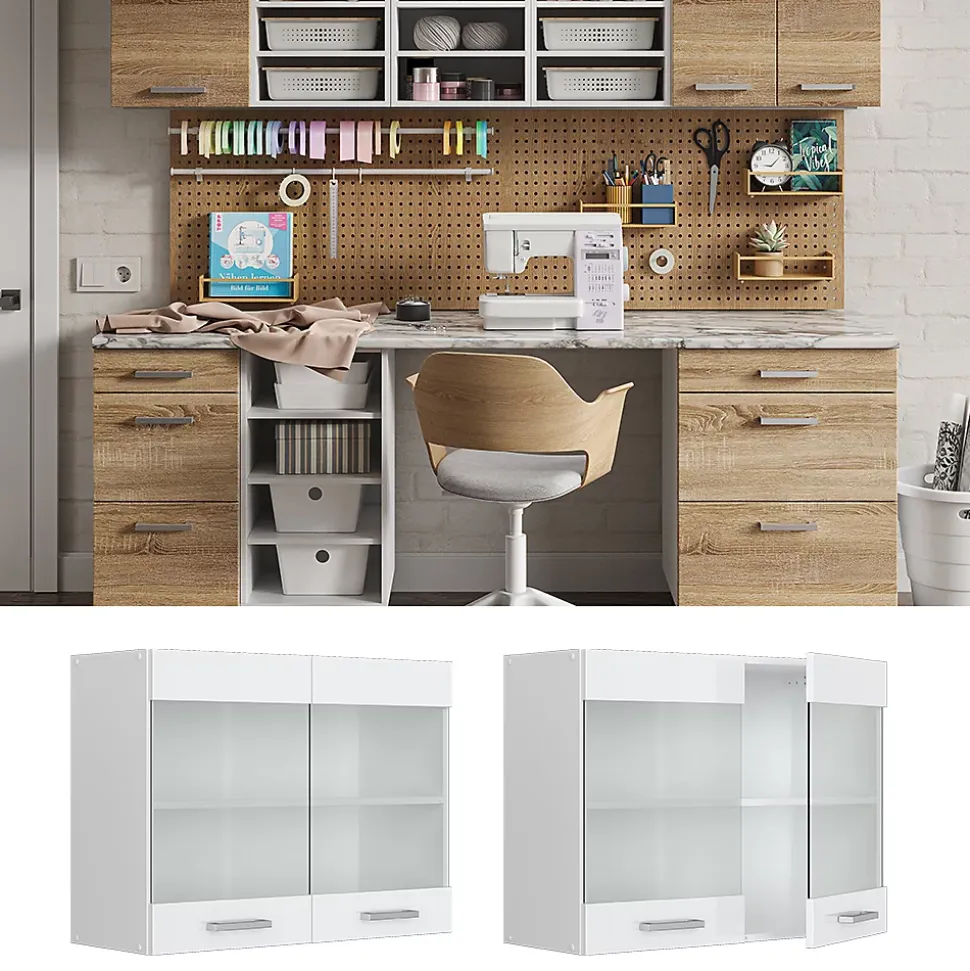 Vicco Armoire suspendue universelle Blanc Haute brillance 80cm avec portes vitrées