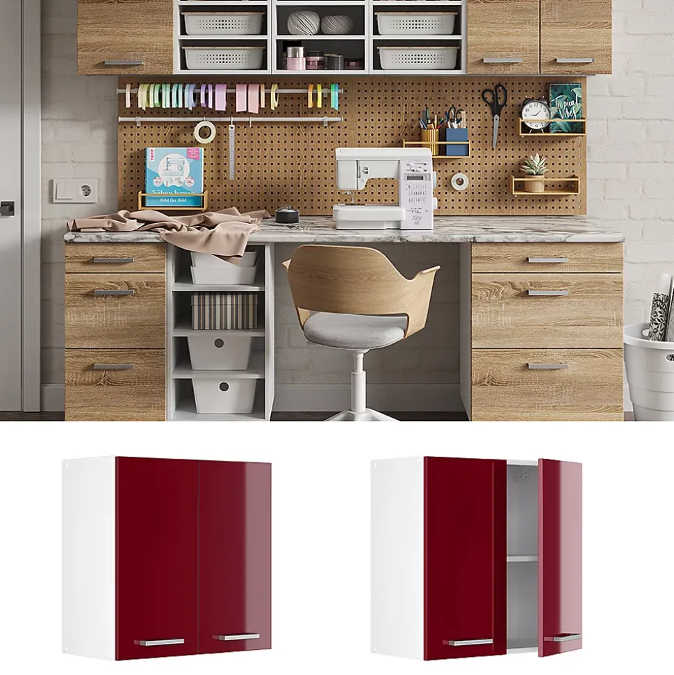 Vicco Armoire suspendue universelle Rouge bordeaux Haute brillance 60cm avec portes