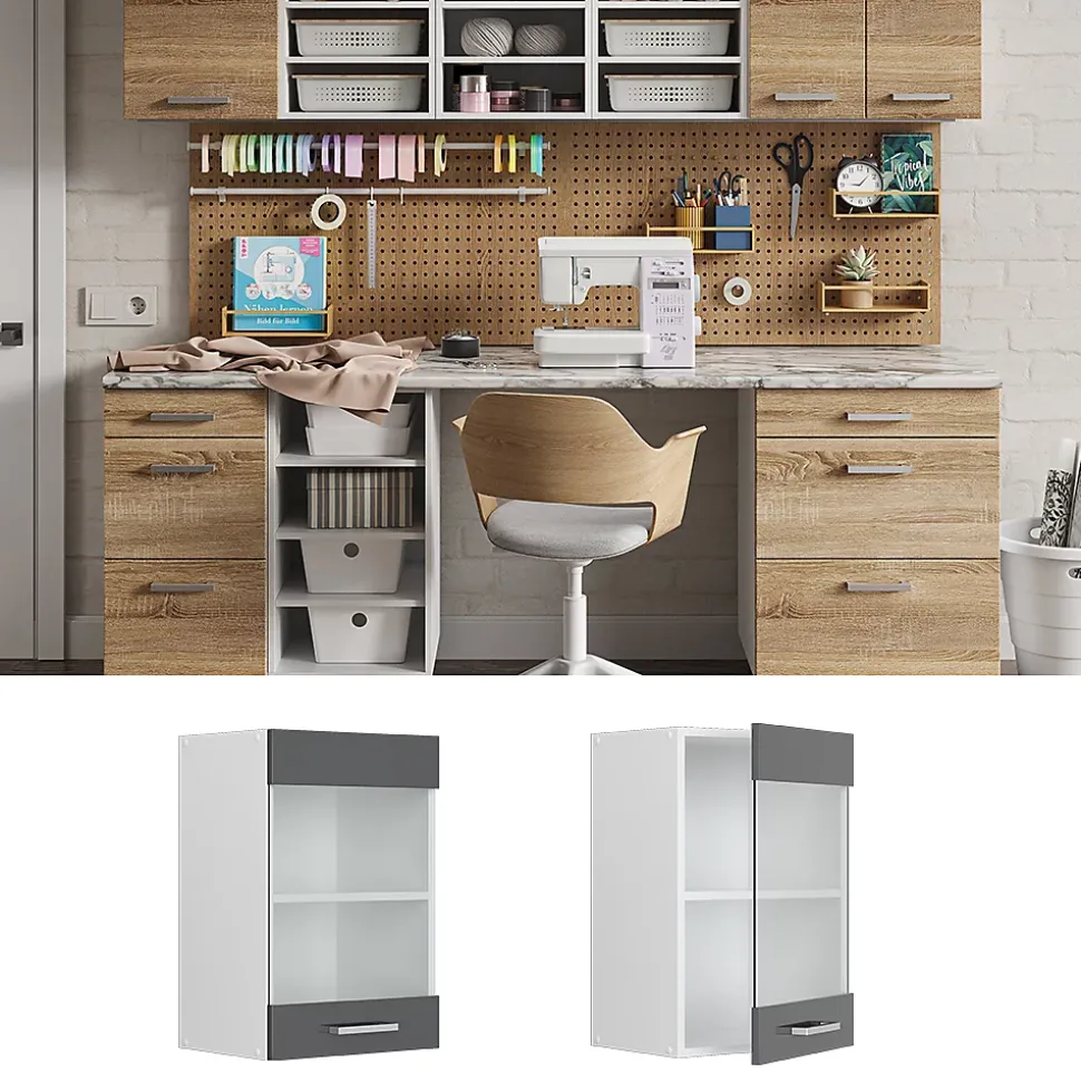 Vicco Armoire suspendue universelle Anthracite Haute brillance 40cm avec porte vitrée