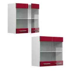 Vicco Armoire suspendue universelle Rouge bordeaux Haute brillance 60cm avec portes vitrées
