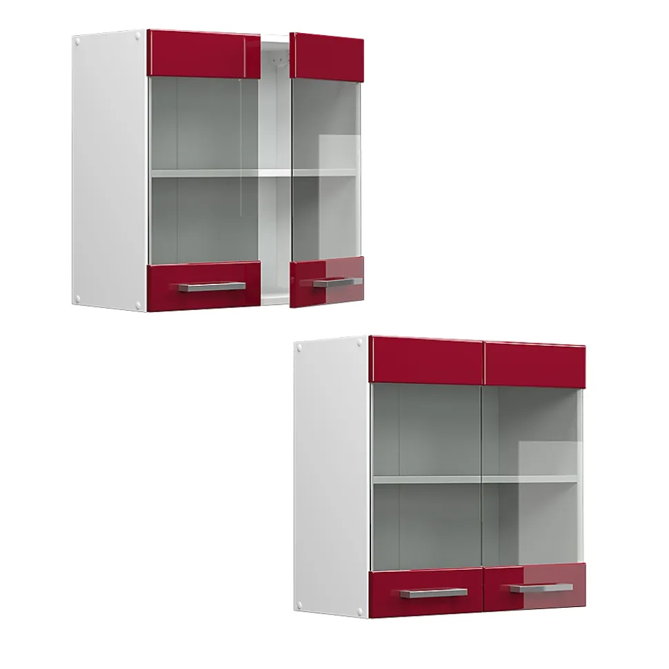 Vicco Armoire suspendue universelle Rouge bordeaux Haute brillance 60cm avec portes vitrées