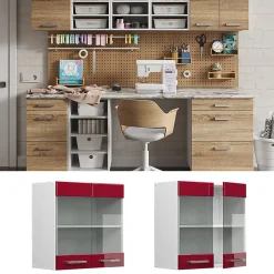 Vicco Armoire suspendue universelle Rouge bordeaux Haute brillance 60cm avec portes vitrées