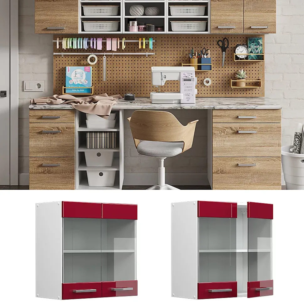 Vicco Armoire suspendue universelle Rouge bordeaux Haute brillance 60cm avec portes vitrées