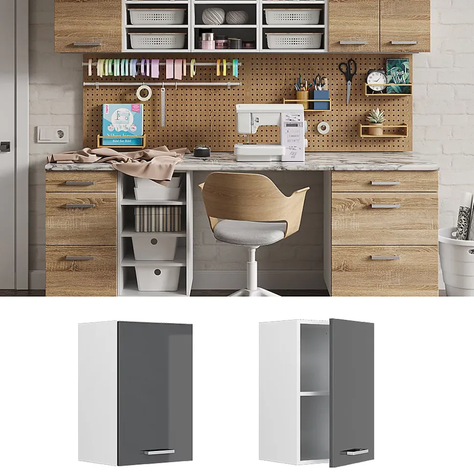 Vicco Armoire suspendue universelle Anthracite Haute brillance 40cm avec étagères ouvertes
