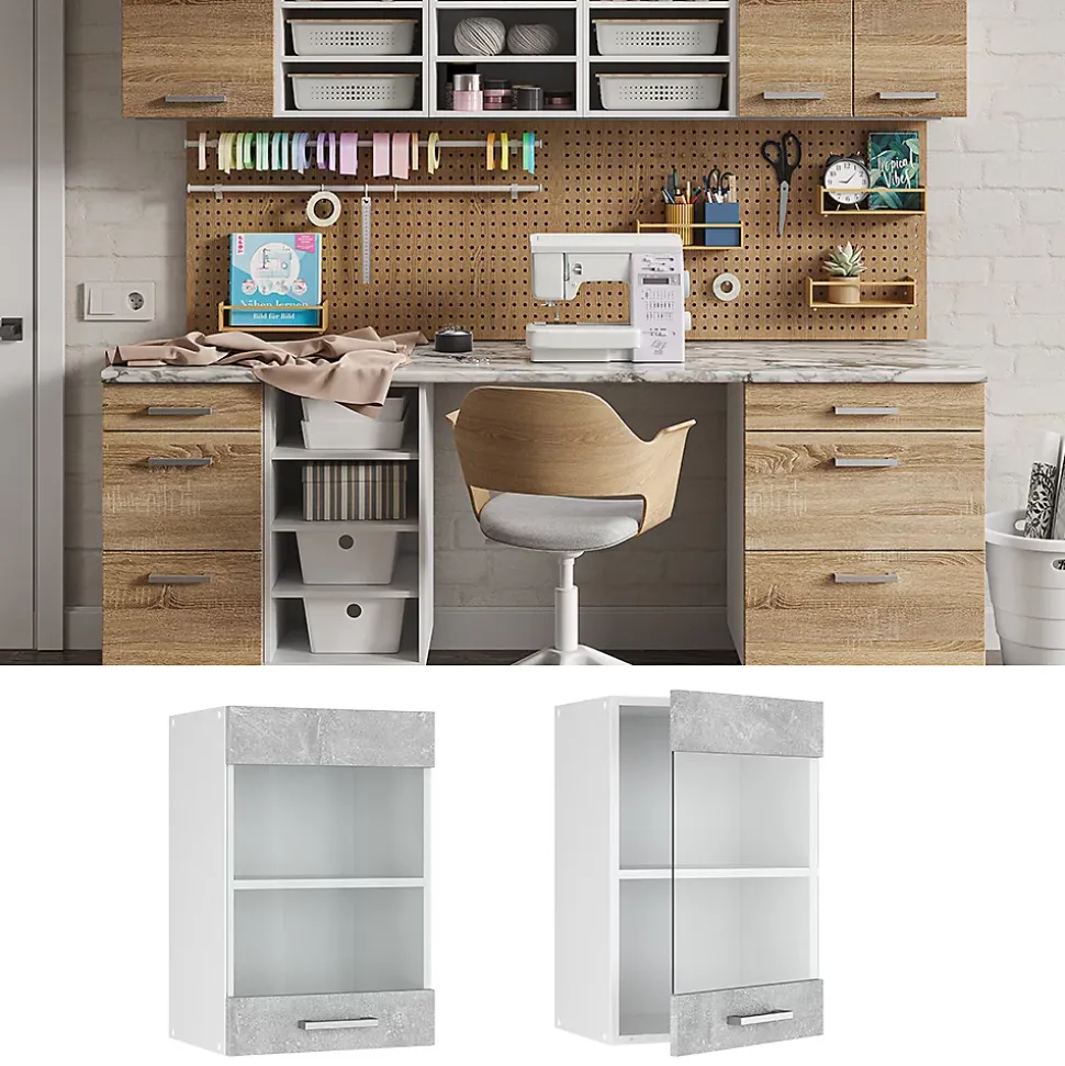 Vicco Armoire suspendue universelle Béton 40cm avec porte vitrée