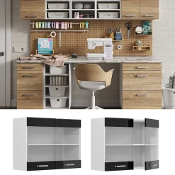 Vicco Armoire suspendue universelle Noir Haute brillance 80cm avec portes vitrées