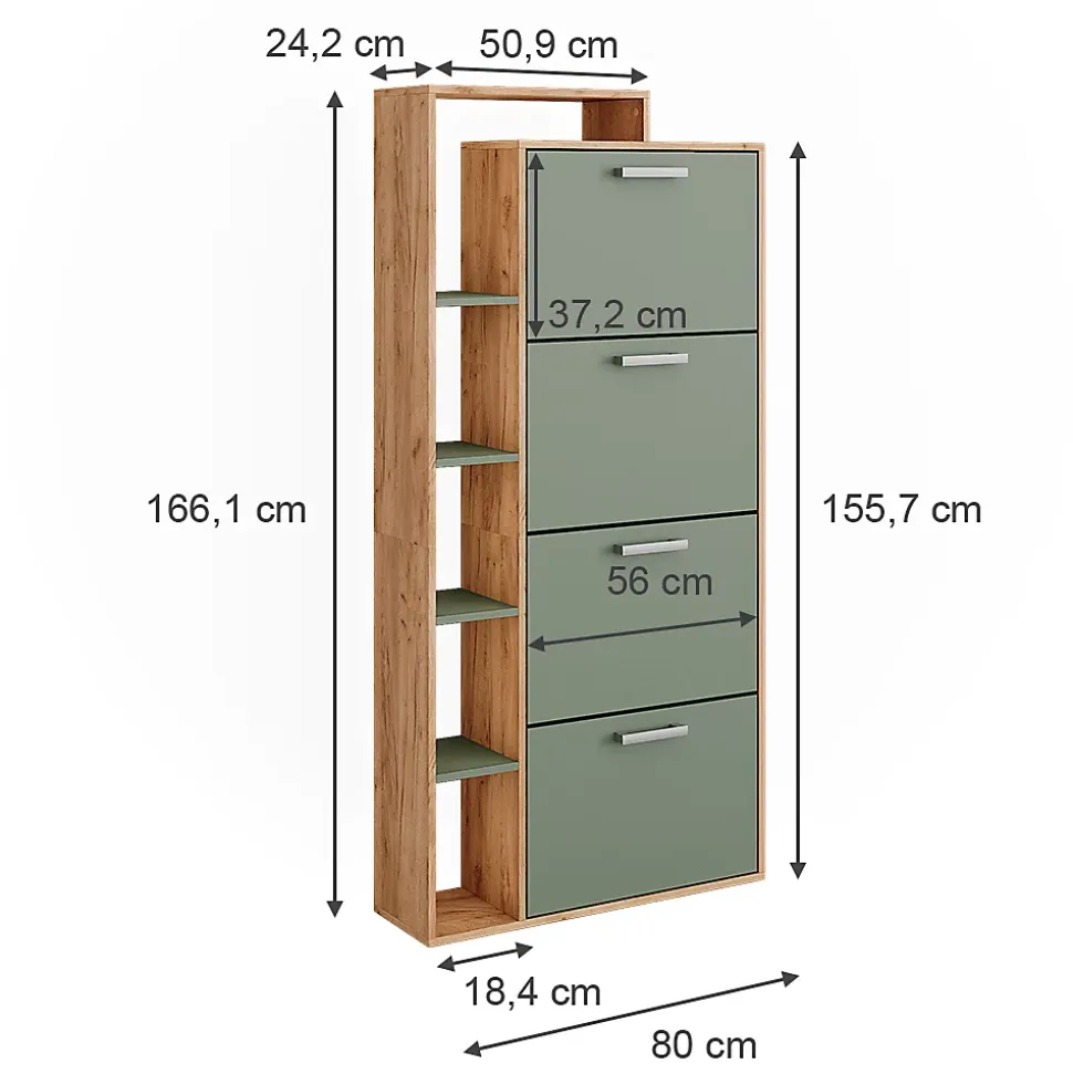 Vicco Benne à chaussures Force dor Chêne/Vert 80x166.1cm avec 4 compartiments