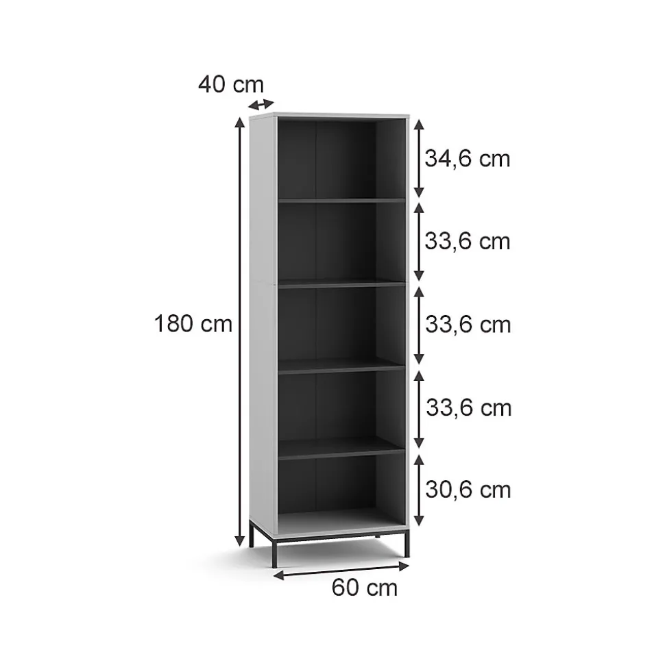 Vicco Bibliothèque Gris 60x180cm avec 5 compartiments