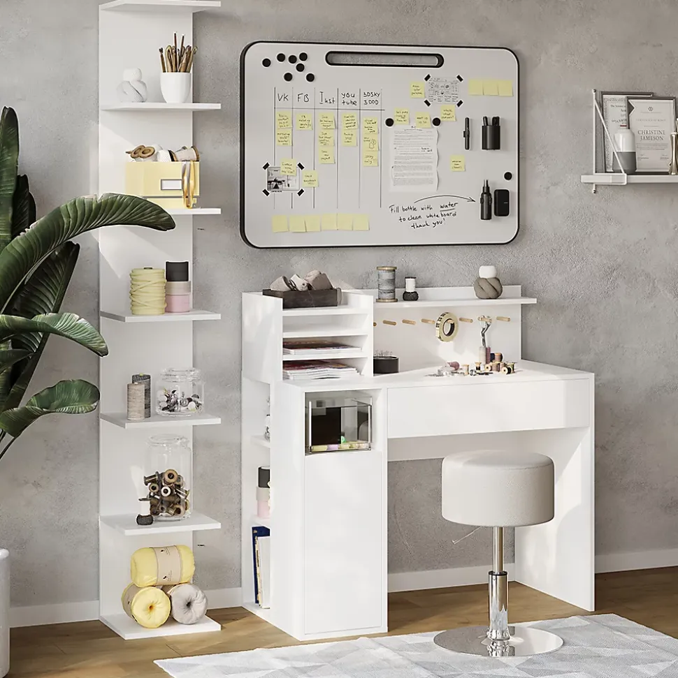 Vicco Bureau Blanc 3 pièces, avec bibliothèque et tabouret