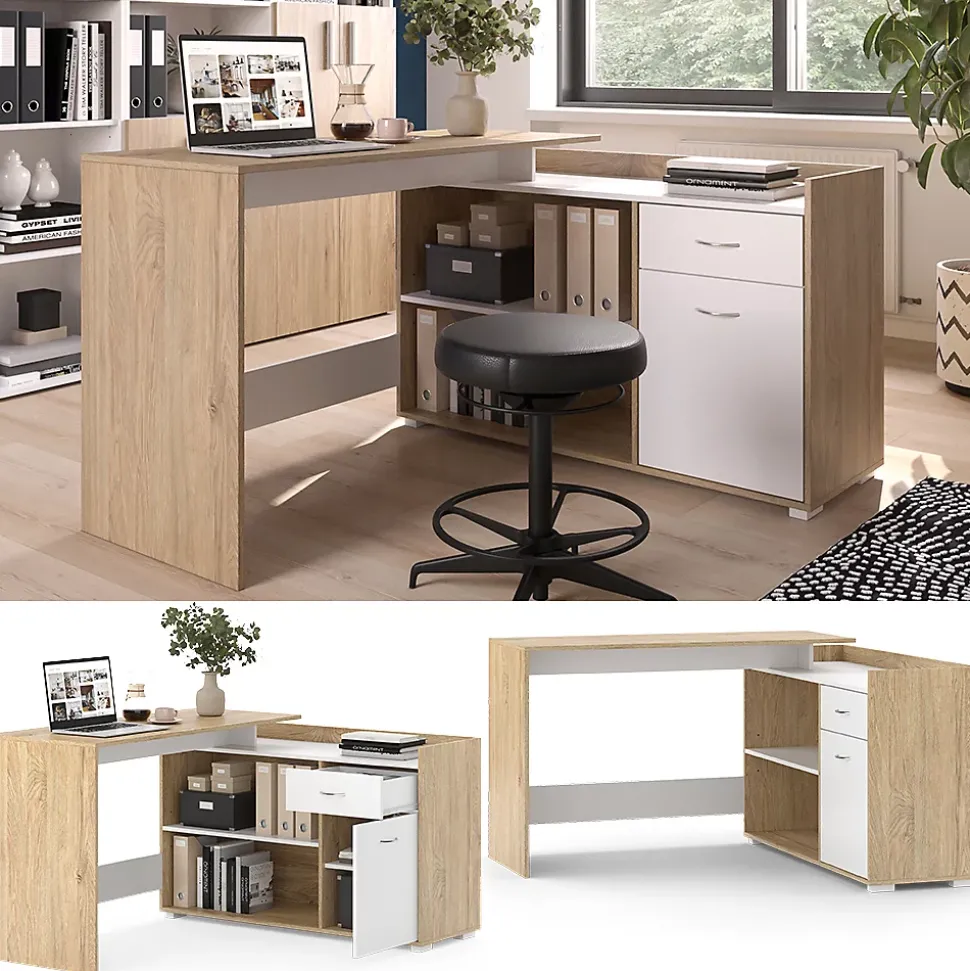 Vicco Bureau dangle Blanc/Sonoma 135x77cm avec tiroir