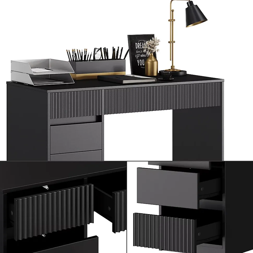 Vicco Bureau Noir 120x55cm avec 5 tiroirs
